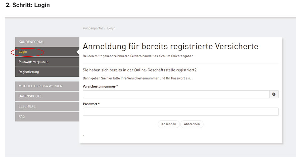 Screenshot des Login-Bereichs der Online-Geschäftsstelle meine.bkk-akzo.de