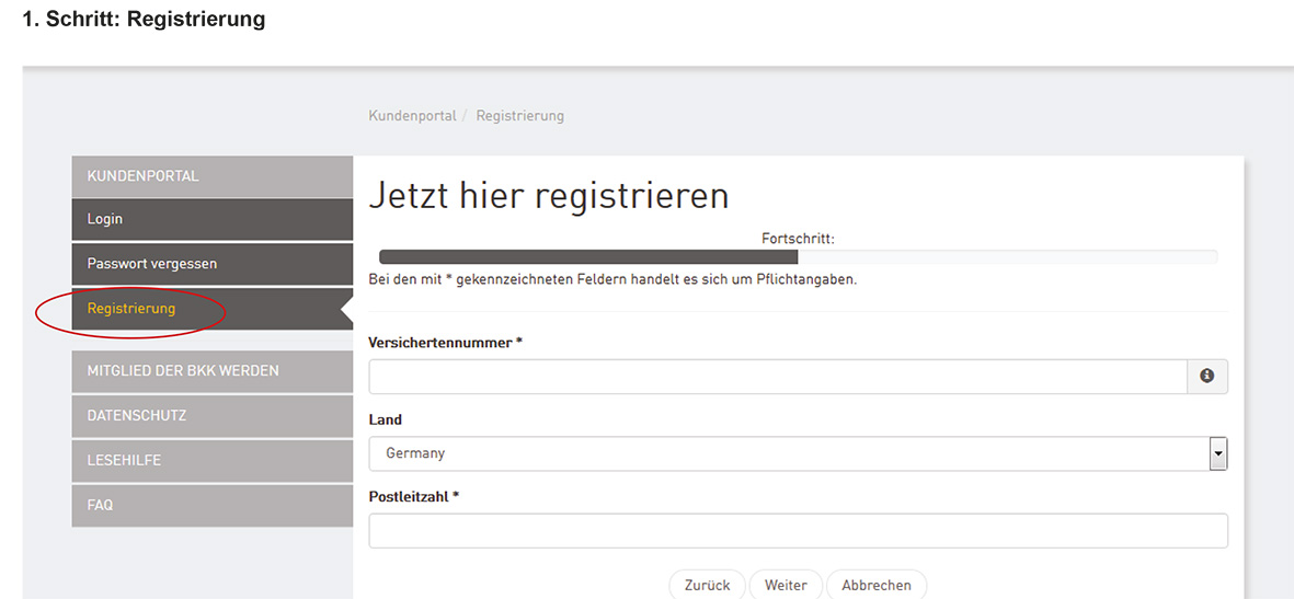 Screenshot der Online-Geschäftsstelle meine.bkk-akzo.de